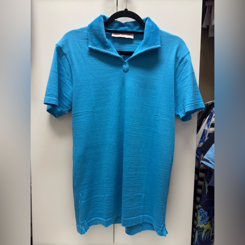 Men’s Orlebar Brown Towelling Resort Polo Spread Collar  Aqua Blue BNWOT Small